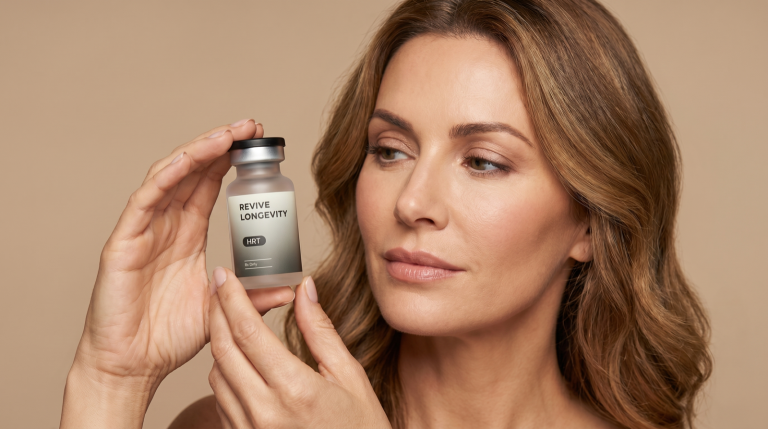A woman thoughtfully holding a Revive Longevity HRT vial in a soft-lit studio