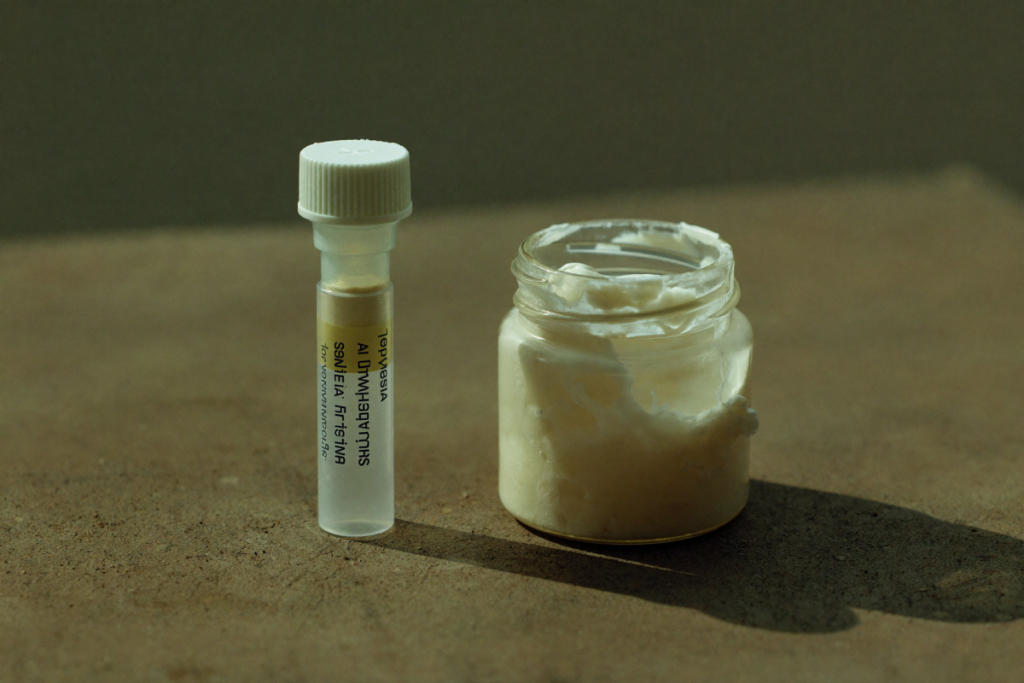 A sealed manufactured vial beside a hand-mixed cream jar, illustrating differences in preparation consistency