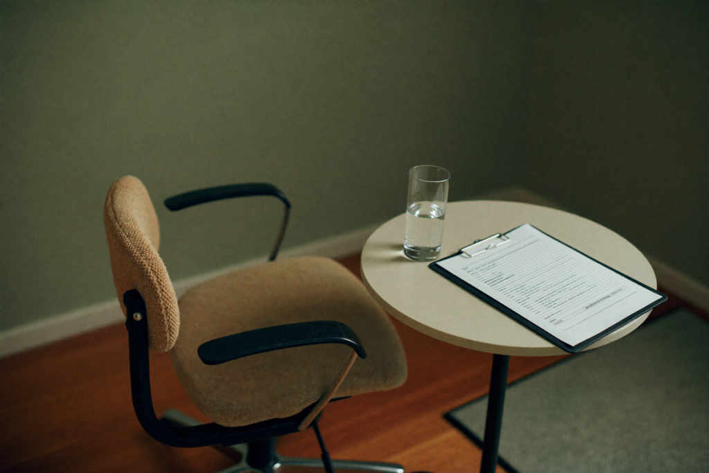 An empty consultation chair beside a small table with a facedown clipboard and a glass of water in a calm room