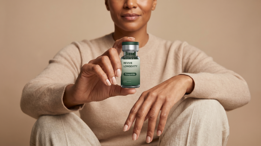 A person presenting a Revive Longevity tirzepatide vial in a warm editorial studio