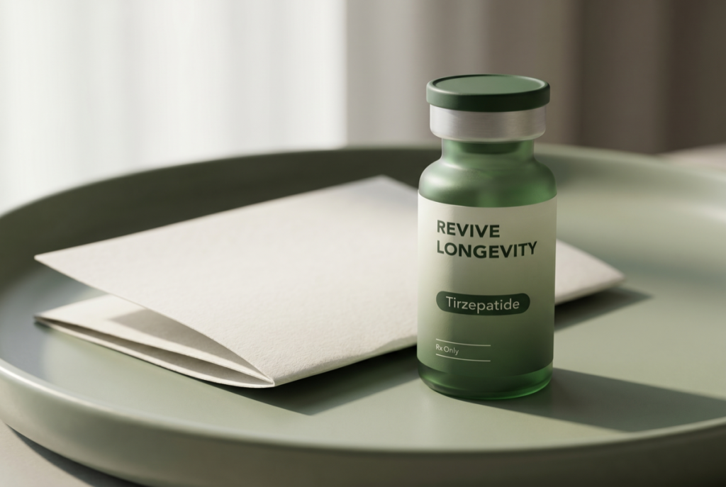 A Revive Longevity tirzepatide vial beside a plain document, suggesting regulatory status