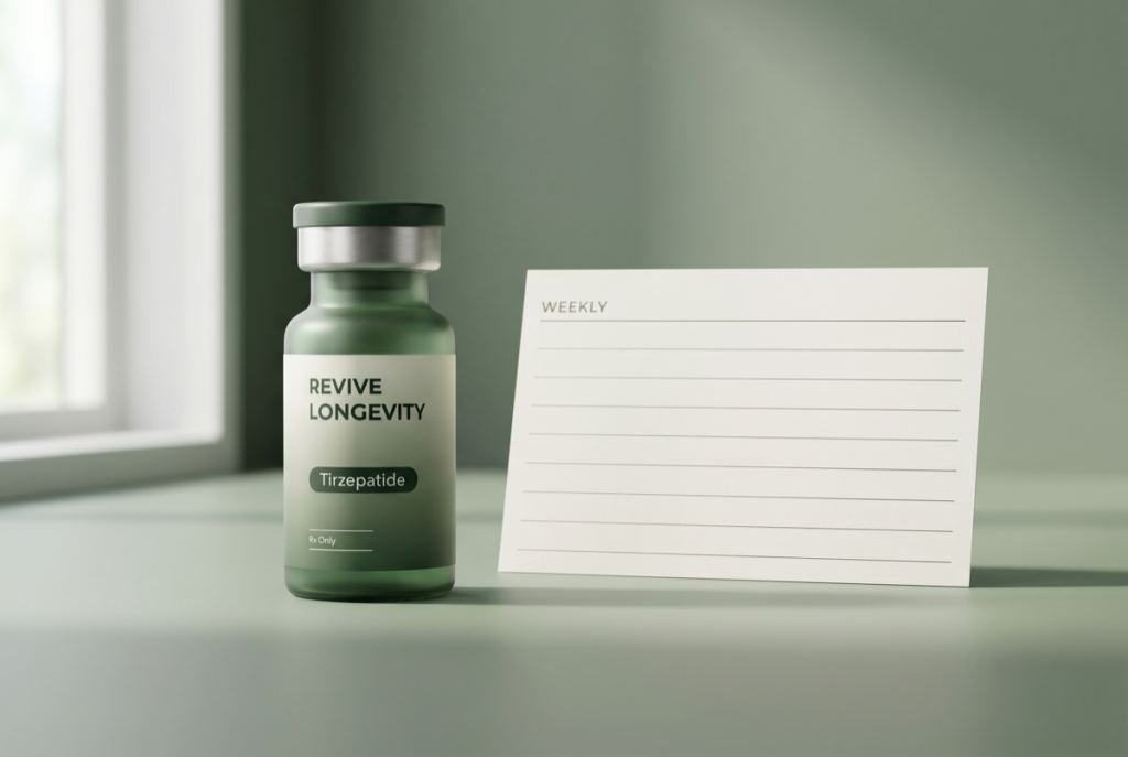 A Revive Longevity tirzepatide vial beside a blank weekly calendar suggesting a titration schedule