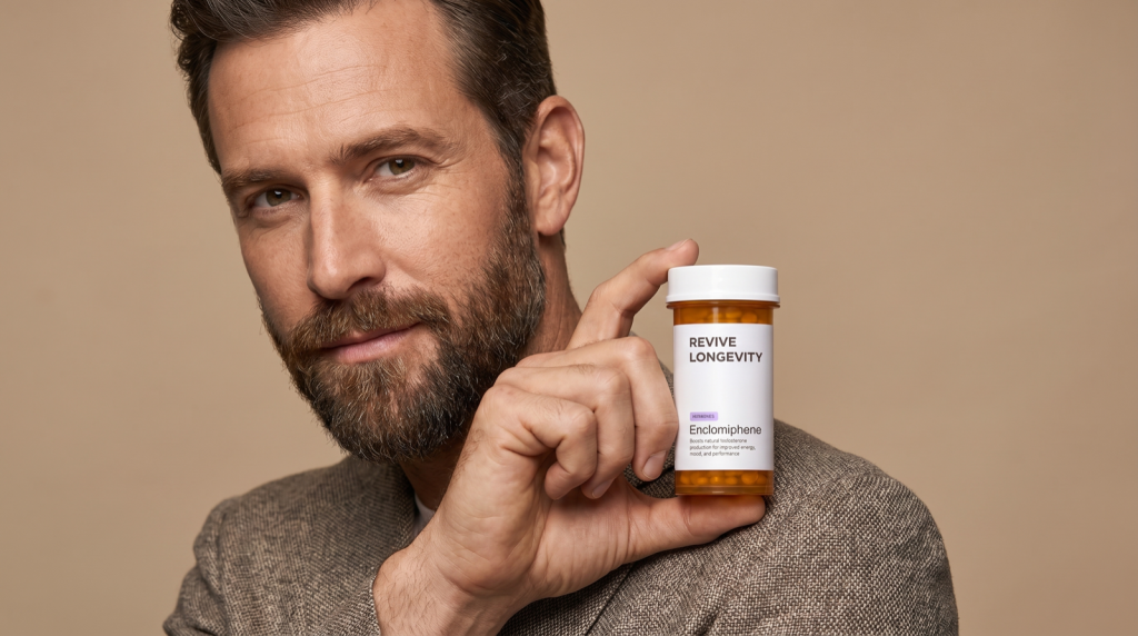 A man holding a Revive Longevity enclomiphene capsule bottle near his shoulder