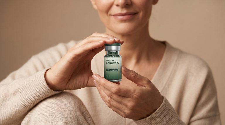 A person holding a Revive Longevity tirzepatide vial in a calm, sunlit wellness setting
