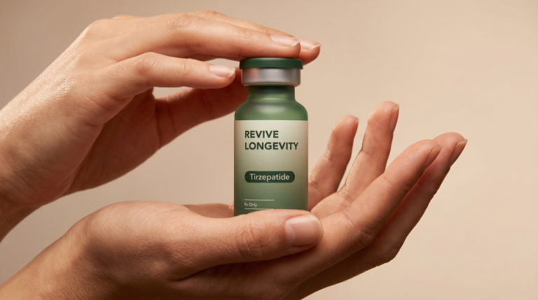 A person holding a Revive Longevity tirzepatide vial in a calm, sunlit wellness setting