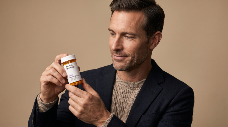 A man holding a Revive Longevity enclomiphene capsule bottle in an editorial studio