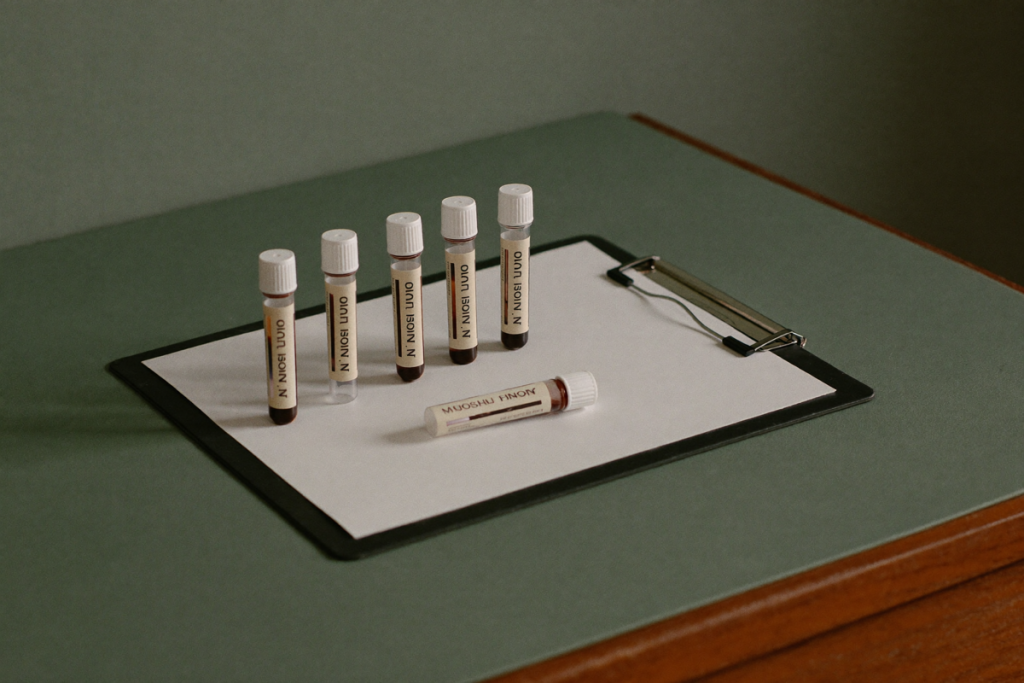 Empty blood-draw tubes and a blank clipboard on a wooden desk in soft natural light