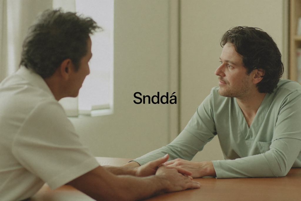 A patient and clinician in calm conversation across a simple table