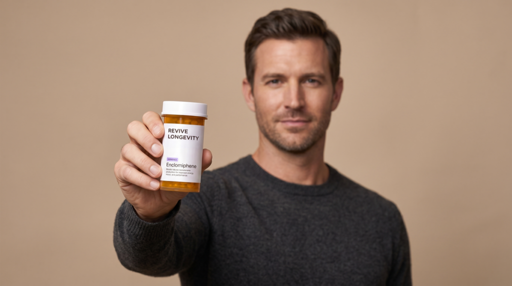 A man presenting a Revive Longevity enclomiphene capsule bottle in a soft-lit studio