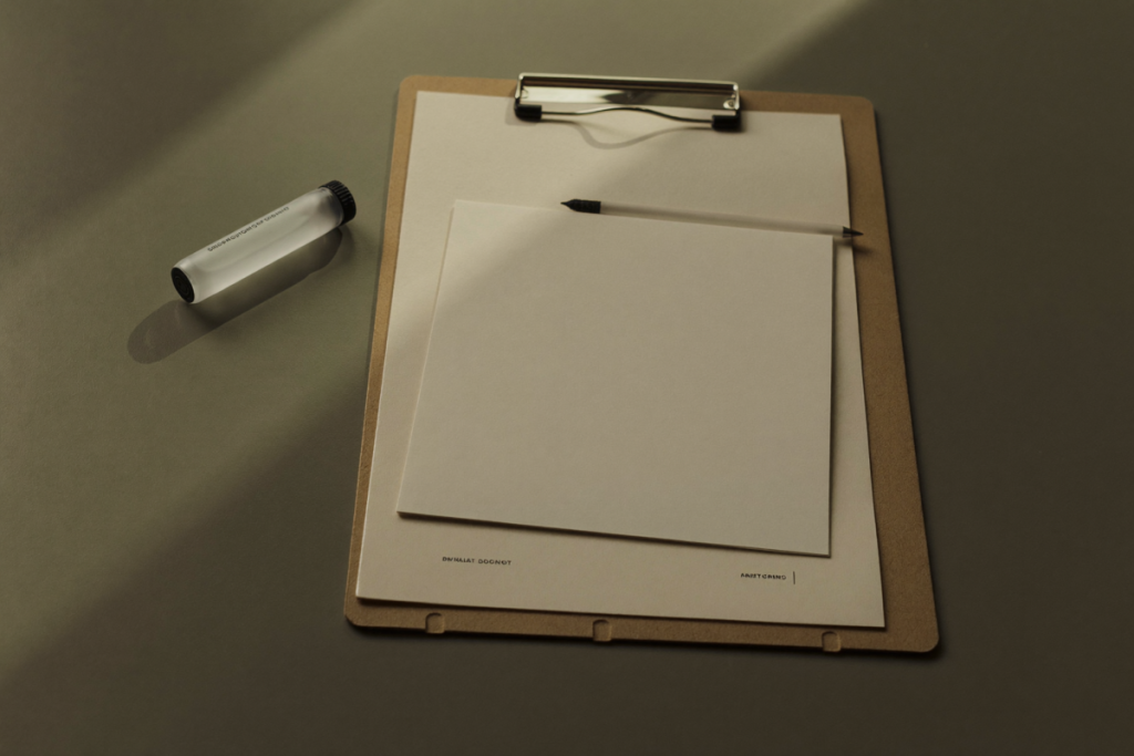 A blank notepad, pen, and frosted vial on a sage-green desk suggesting a clinical consultation