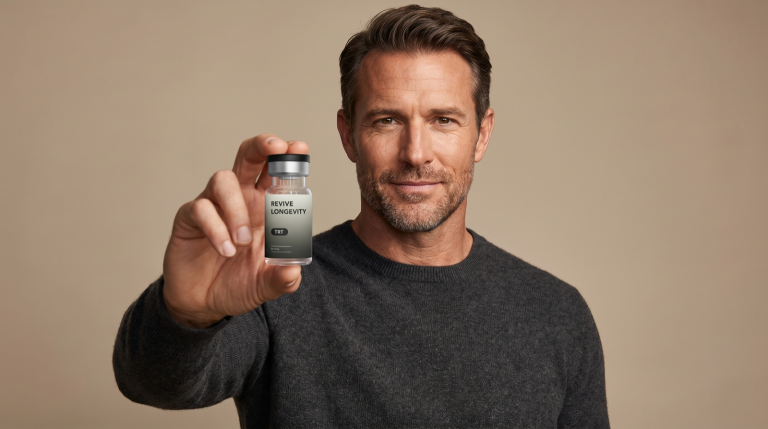 A fit man presenting a Revive Longevity testosterone vial in a bright editorial studio