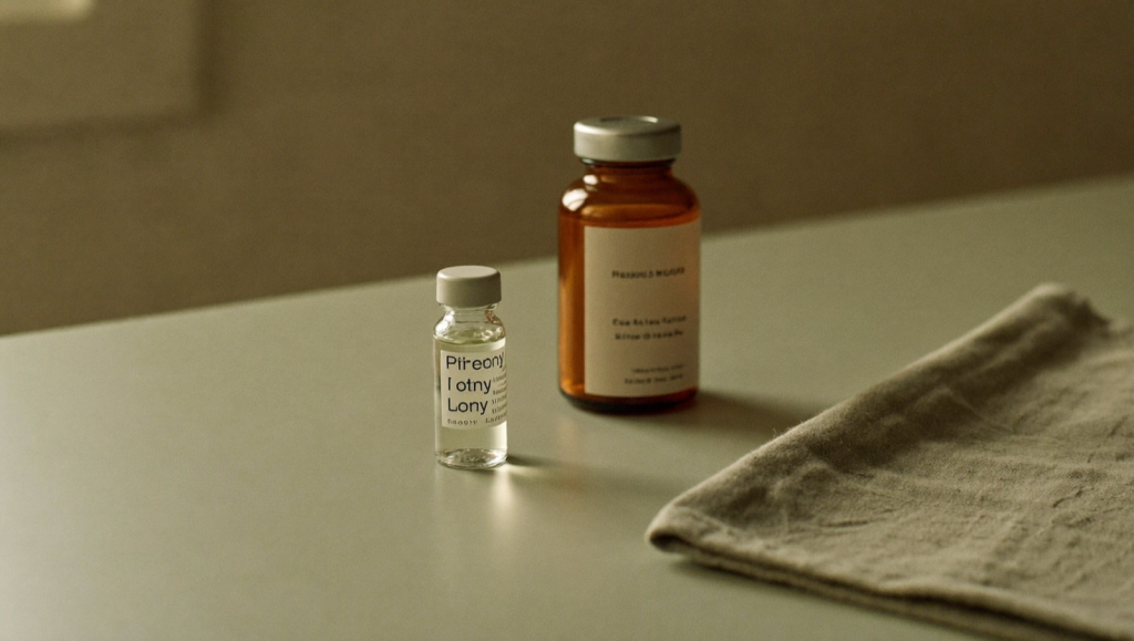 A small clear glass vial and an unbranded amber bottle on a sage-green surface in soft natural light