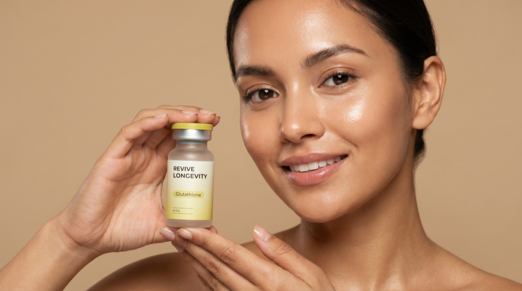 A Revive Longevity glutathione vial in an editorial still-life on a soft sage-green surface