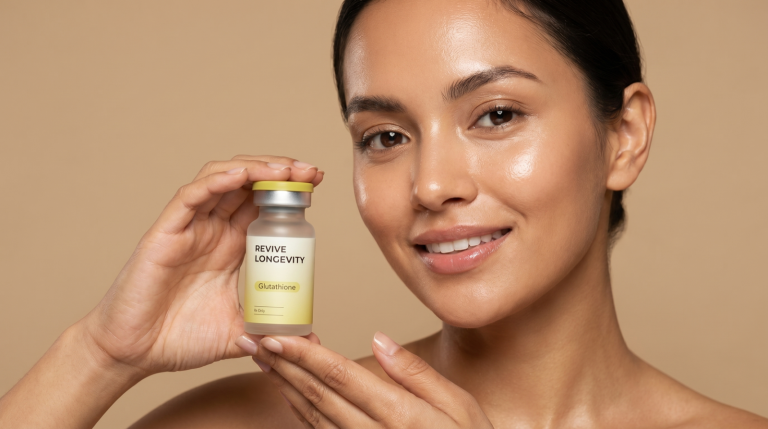 A Revive Longevity glutathione vial in an editorial still-life on a soft sage-green surface