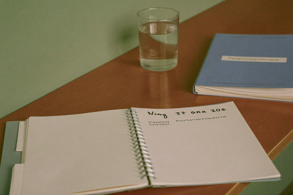 A quiet consultation desk with a plain notebook, folder, and glass of water in soft morning light