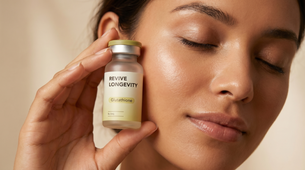A woman with radiant skin holding a Revive Longevity glutathione vial near her face