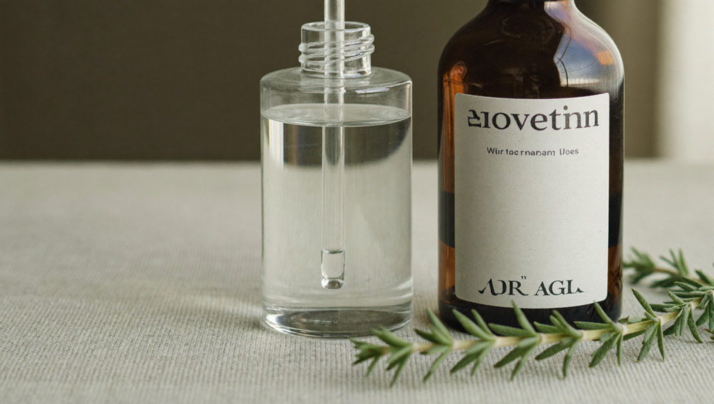 An unlabeled medical vial and dropper bottle on linen beside dried sage, evoking the difference between oral and injectable glutathione