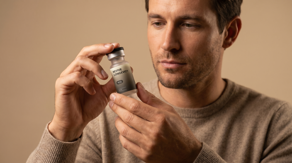 A man thoughtfully holding a Revive Longevity hCG vial in a soft-lit studio