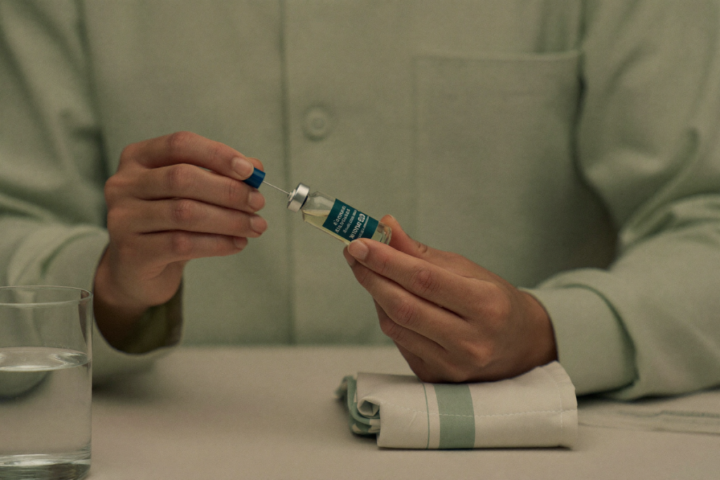 Hands carefully holding a small vial over a neutral desk with a sage cloth
