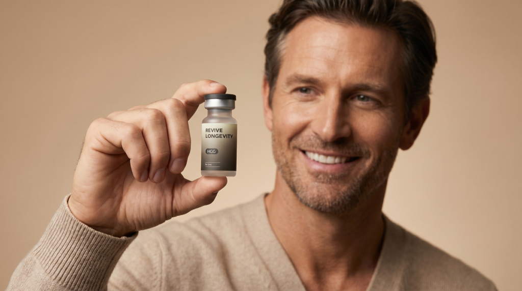 A man presenting a Revive Longevity hCG vial in a warm editorial studio