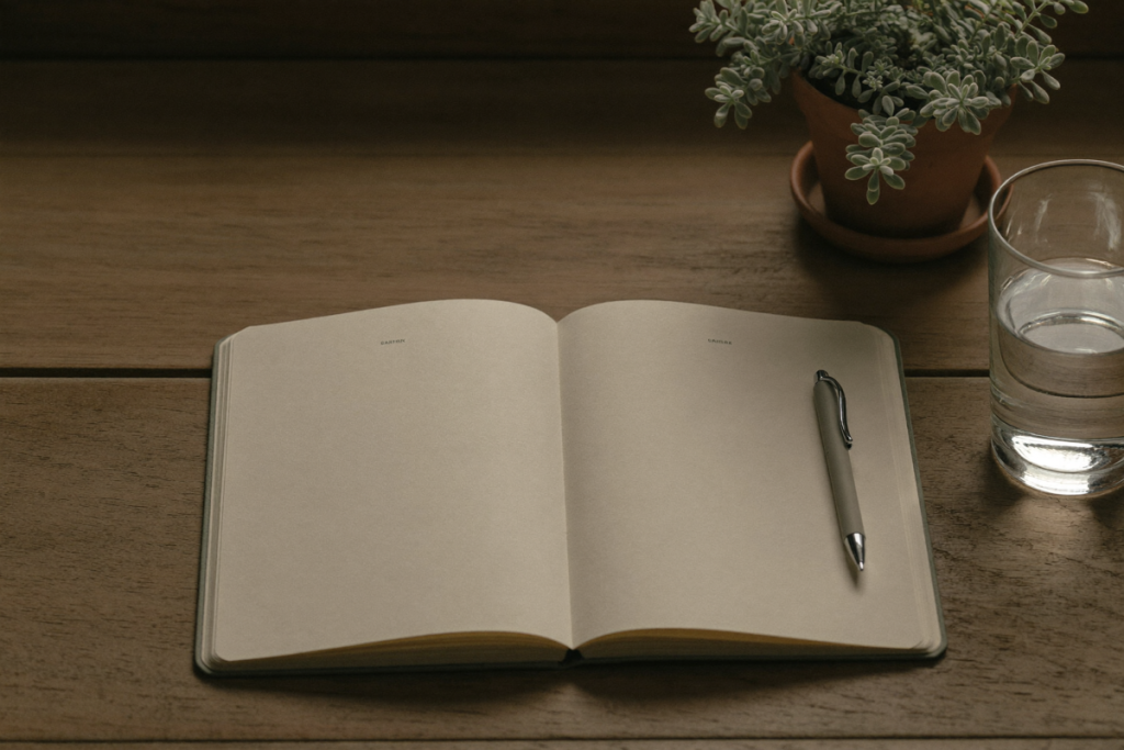 A blank notebook, pen, and water glass on a wooden desk, evoking a clinical consultation about TRT