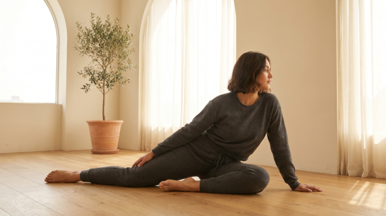 A calm wellness lifestyle moment in soft natural light, muted sage-green tones