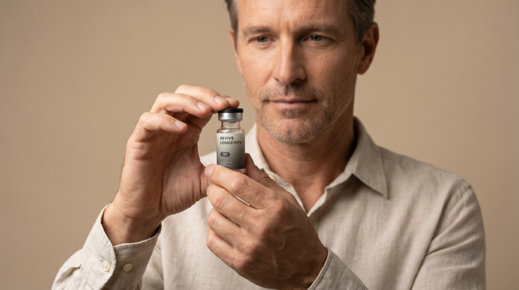 A person holding a Revive Longevity TRT vial in a calm, sunlit wellness setting
