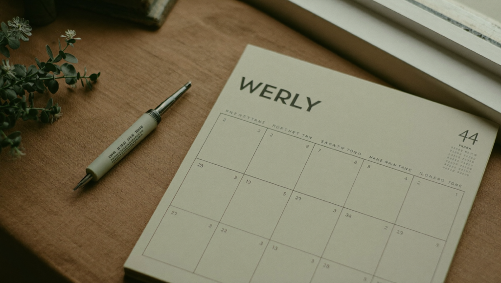 A weekly calendar beside a plain injection pen on a linen surface, suggesting a gradual treatment timeline