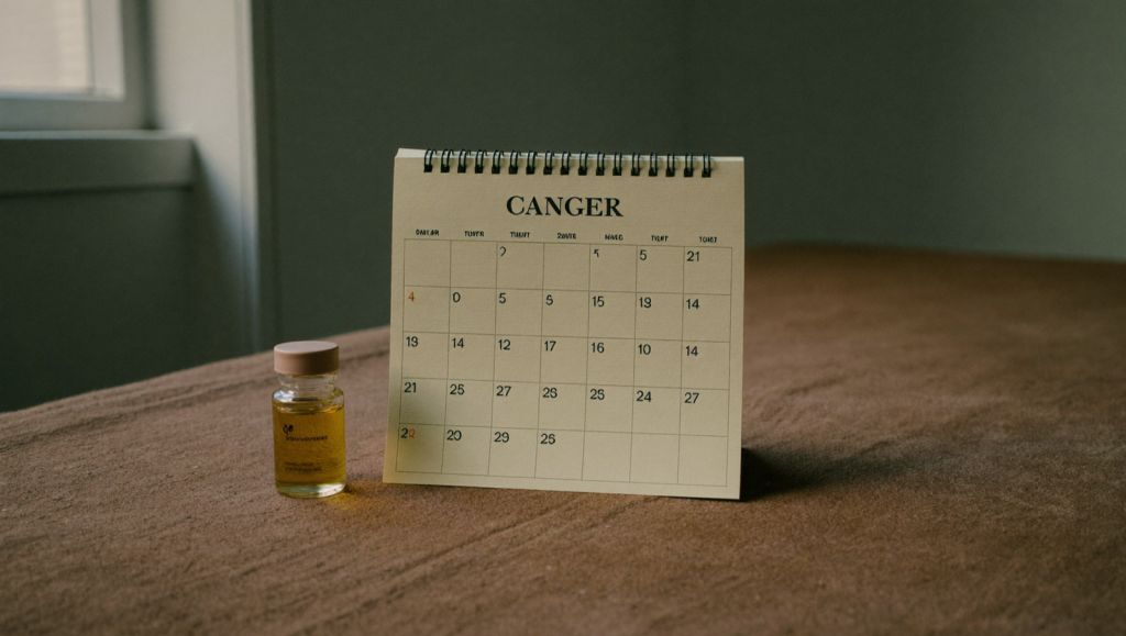 An unbranded amber vial beside a blank calendar page in soft natural light, symbolizing a testosterone therapy timeline
