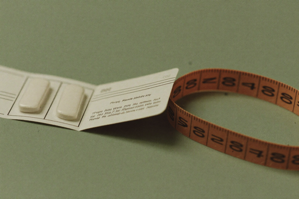 A plain pill organizer and a measuring tape on a sage-green surface representing gradual body-composition changes over months
