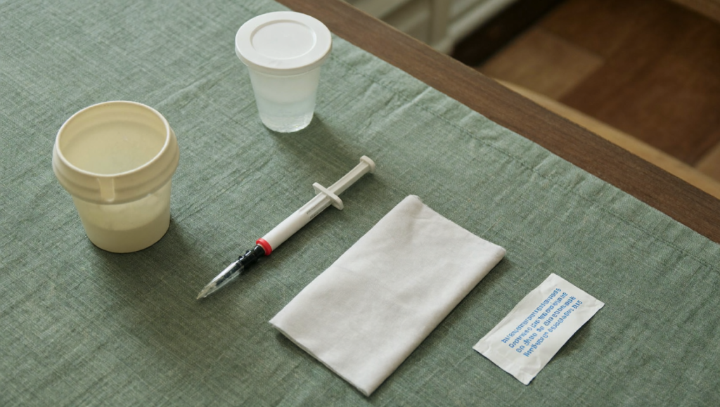 A plain prefilled injection pen, alcohol swab, and a puncture-resistant sharps container arranged on a sage-green cloth