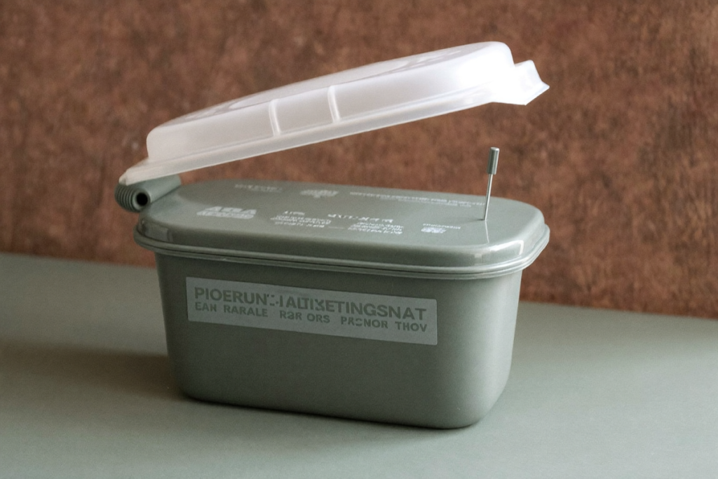 A used needle being placed into a puncture-resistant sharps disposal container on a sage-green surface