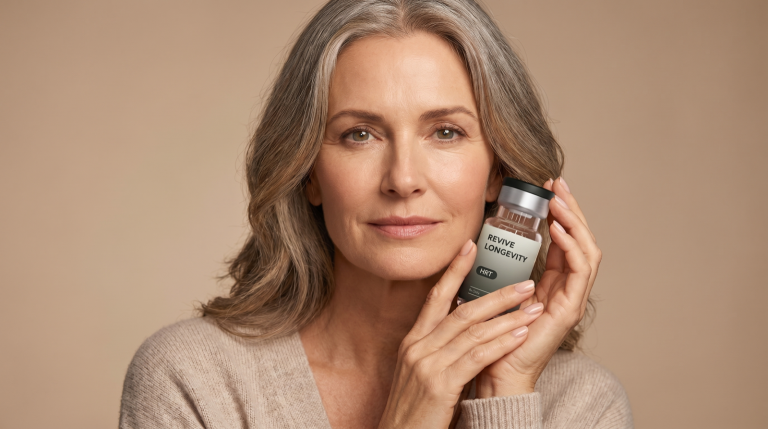 A person holding a Revive Longevity HRT vial in a calm, sunlit wellness setting