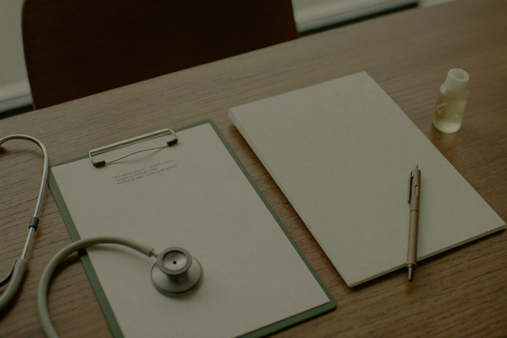Clinician's wooden desk with a blank notepad, pen, frosted vial, and stethoscope in muted sage and earth tones