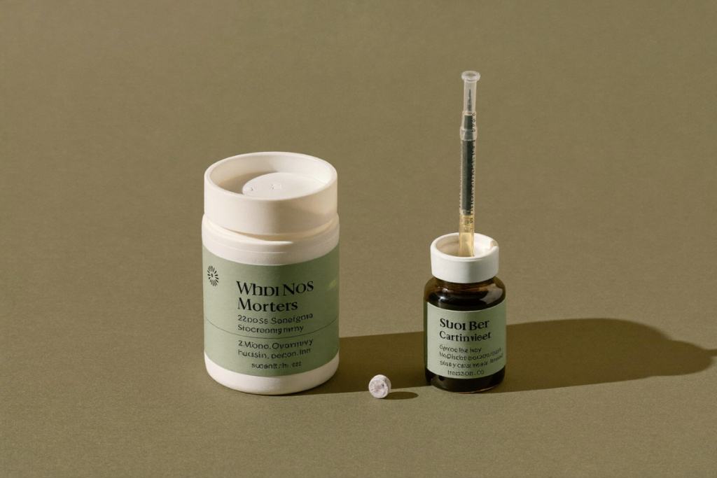 A single-use injector pen beside a small round pill bottle on a warm surface, illustrating two treatment formats
