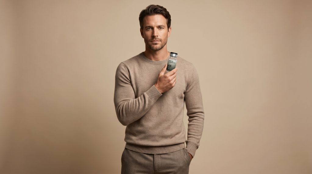 A man holding a Revive Longevity testosterone vial near his shoulder in a warm studio