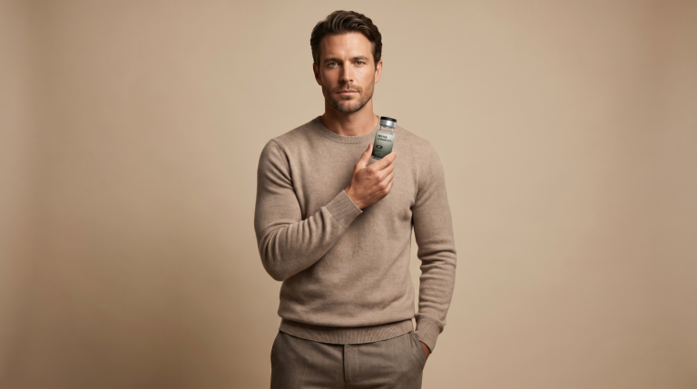 A man holding a Revive Longevity testosterone vial near his shoulder in a warm studio