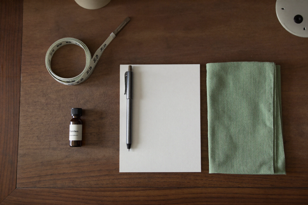 Overhead view of an amber vial, measuring tape, and blank notepad representing diagnosis and lab monitoring for testosterone therapy