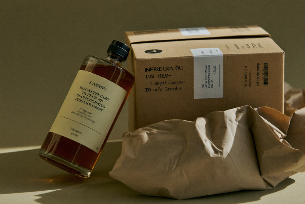An amber bottle beside an opened plain mailing box, illustrating the risks of buying testosterone from non-prescribed online sources