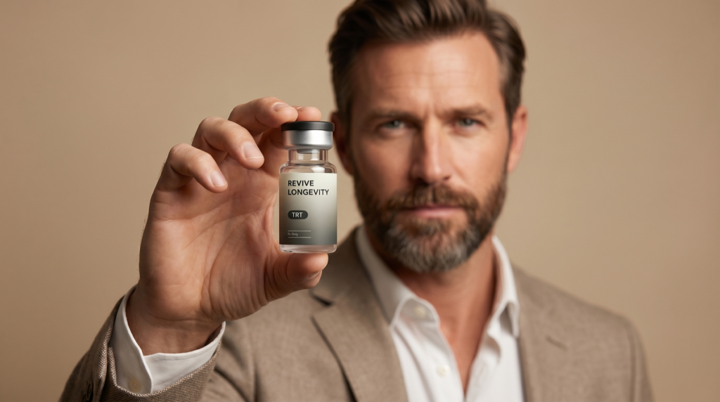 A confident man holding a Revive Longevity testosterone vial in a warm editorial studio setting
