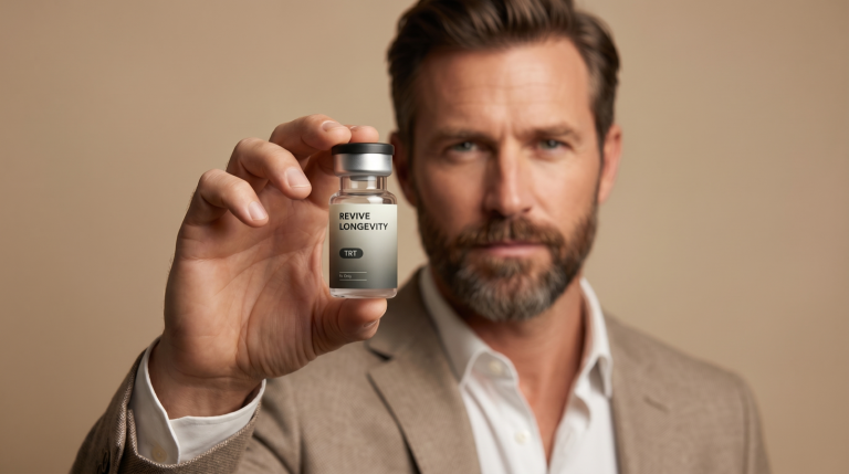A confident man holding a Revive Longevity testosterone vial in a warm editorial studio setting
