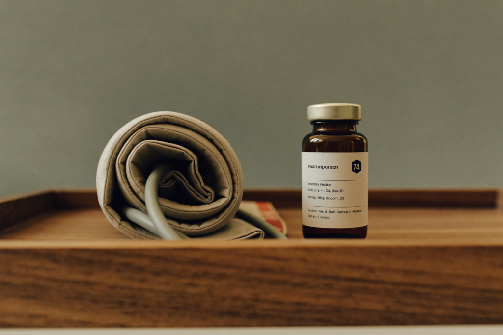A coiled blood pressure cuff beside a plain amber medical vial on a wooden tray