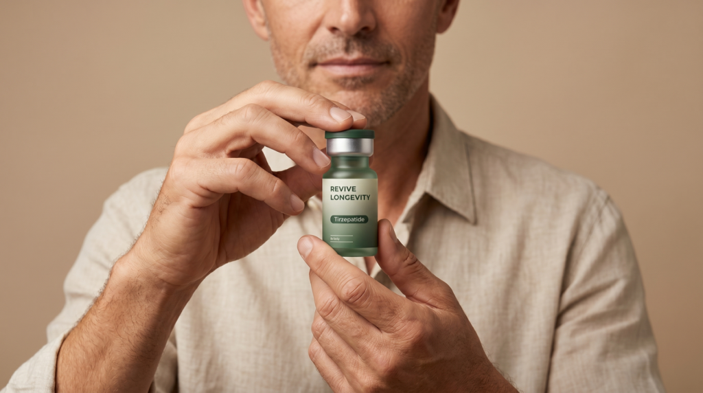 A person holding a Revive Longevity tirzepatide vial in a calm, sunlit wellness setting