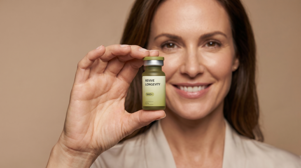 A woman presenting a Revive Longevity NAD+ vial in a warm, beauty-lit studio
