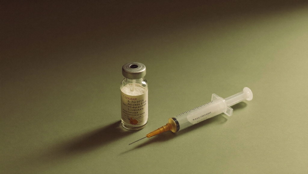 A clear glass vial of powder beside a sterile syringe on a sage-green surface in soft natural light