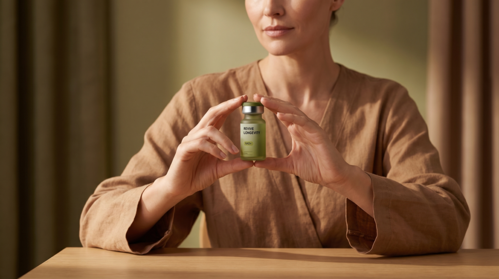 A Revive Longevity NAD+ vial in an editorial still-life on a soft sage-green surface