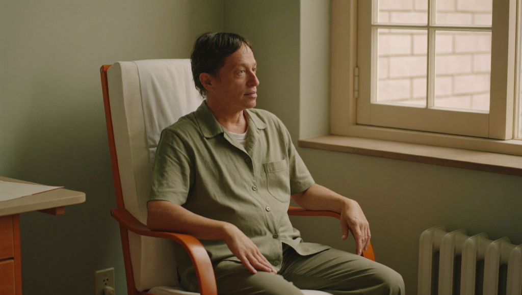 A person seated calmly in a softly lit clinic consultation room near a window