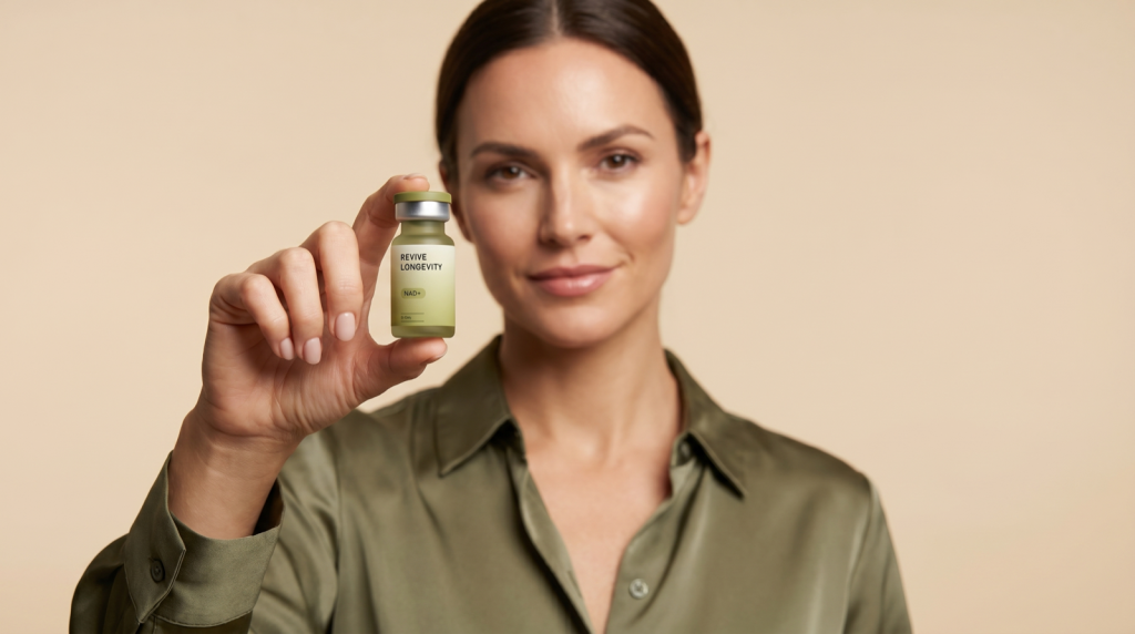 A person holding a Revive Longevity NAD+ vial in a calm, sunlit wellness setting