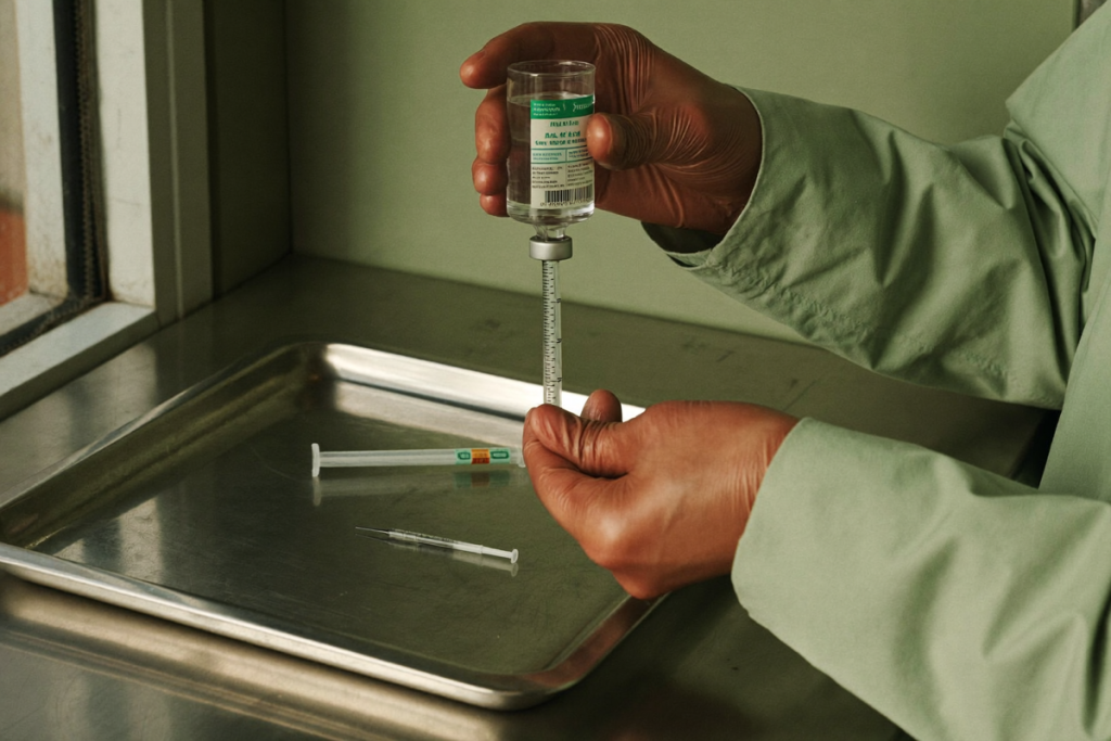 Gloved hands preparing a sterile vial and syringe on a clean stainless tray