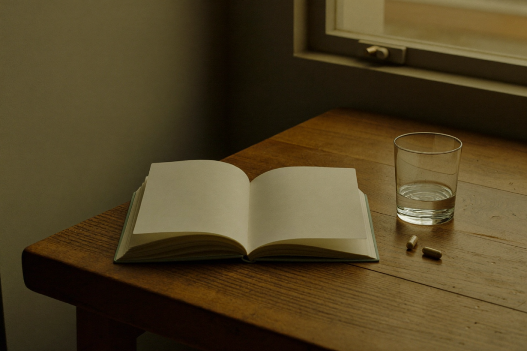 An open notebook, a glass of water, and plain capsules on a wooden table by a window